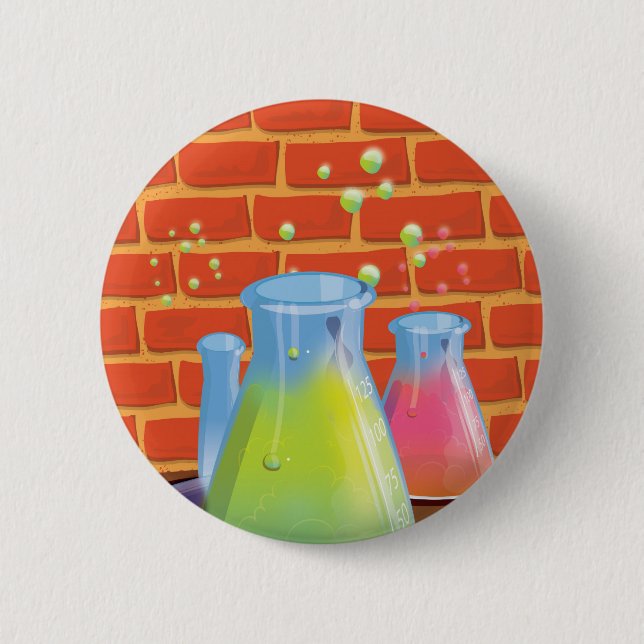 Cartoon Glass Science equipment on a bench 6 Cm Round Badge (Front)