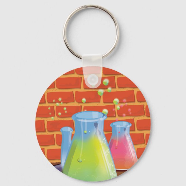 Cartoon Glass Science equipment on a bench Key Ring (Front)
