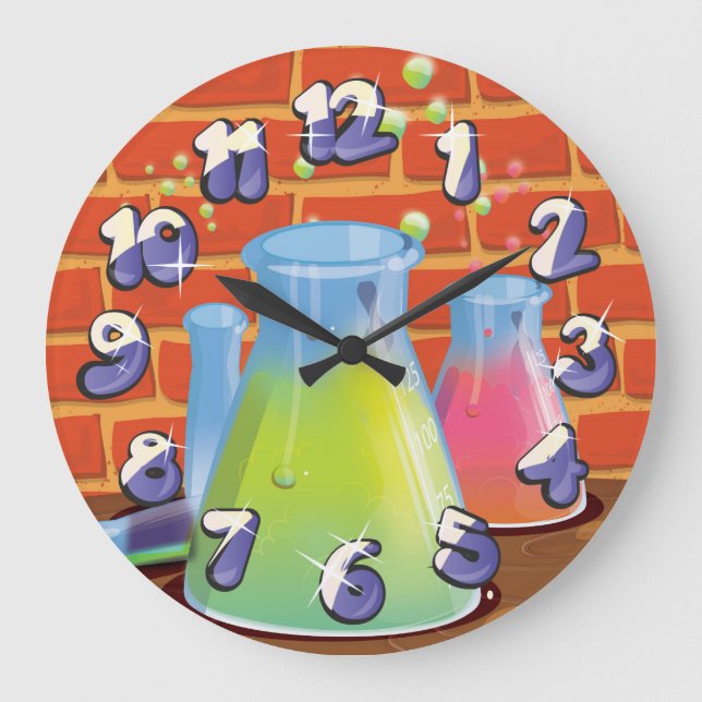 Cartoon Glass Science equipment on a bench Large Clock (Front)