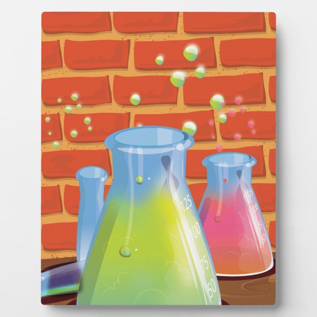 Cartoon Glass Science equipment on a bench Plaque (Front)