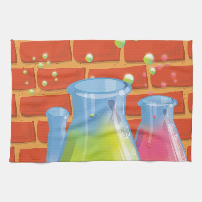 Cartoon Glass Science equipment on a bench Tea Towel (Horizontal)
