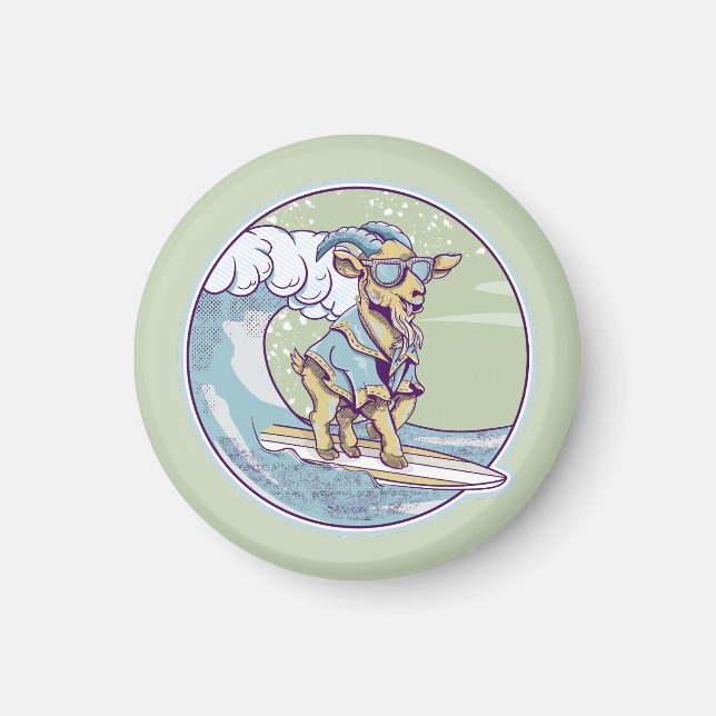 Cartoon goat on a surfboard magnet (Front)