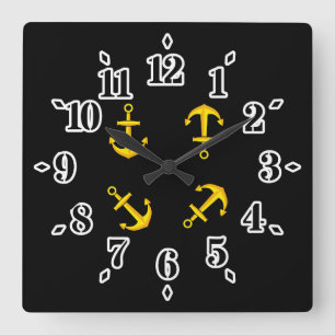 Cartoon Golden Boat Anchor Set Square Wall Clock
