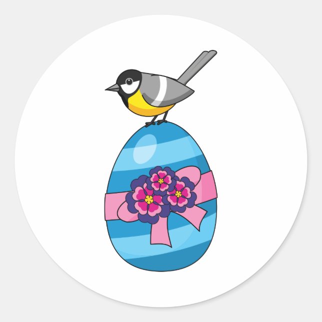 Cartoon Great Tit with Easter Egg Classic Round Sticker (Front)