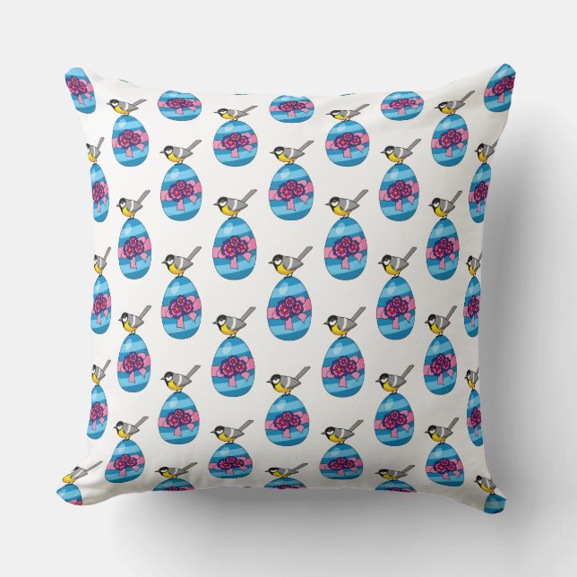 Cartoon Great Tit with Easter Egg Cushion (Front)