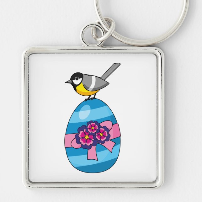 Cartoon Great Tit with Easter Egg Key Ring (Front)