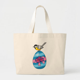 Cartoon Great Tit with Easter Egg Large Tote Bag