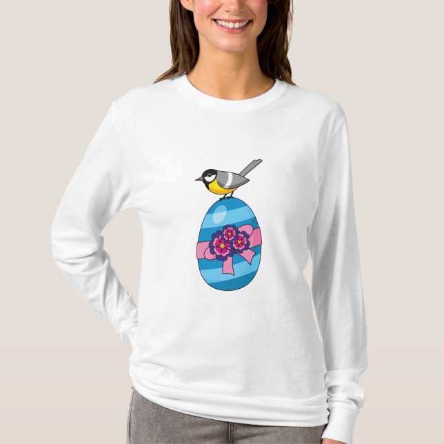 Cartoon Great Tit with Easter Egg T-Shirt (Front)