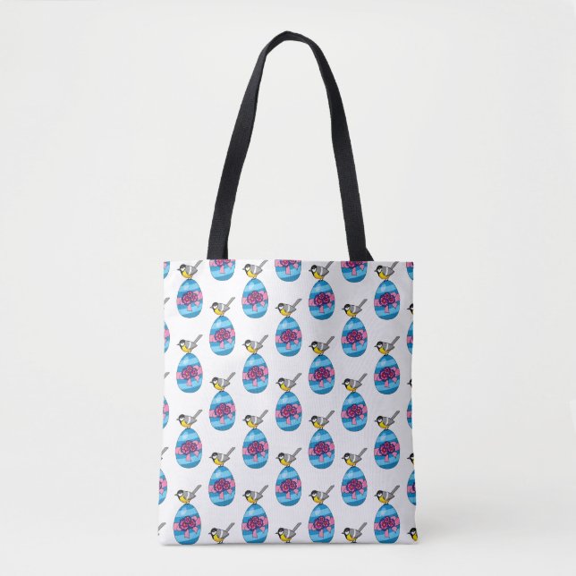Cartoon Great Tit with Easter Egg Tote Bag (Front)