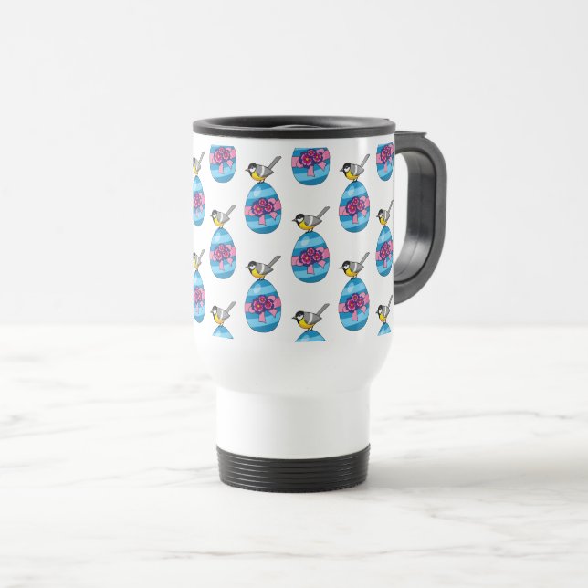 Cartoon Great Tit with Easter Egg Travel Mug (Front Right)