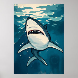Cartoon Great White Shark – Ocean Predator Art Poster