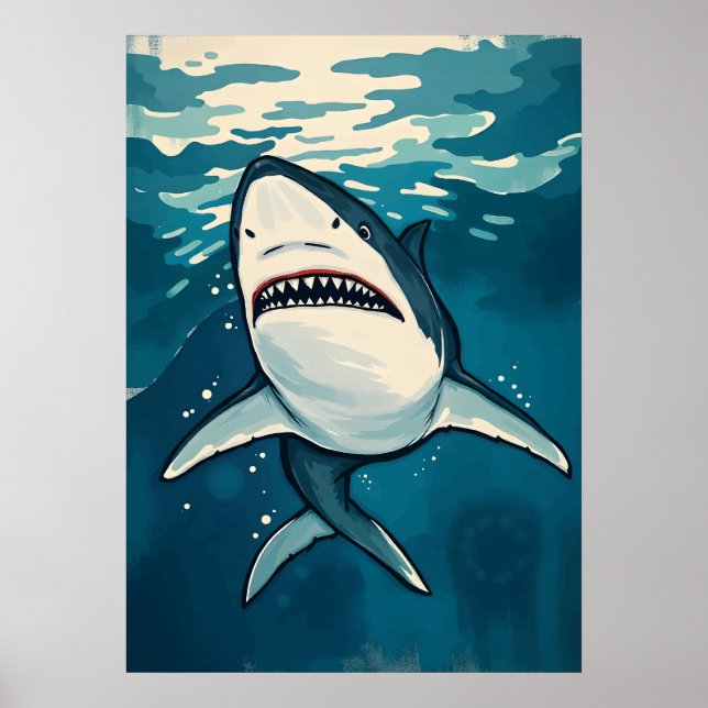 Cartoon Great White Shark – Ocean Predator Art Poster (Front)