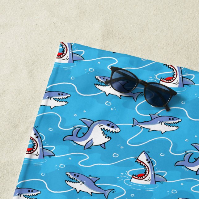 Cartoon Great White Sharks Beach Towel (In Situ)