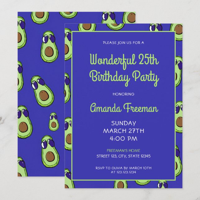 Cartoon Green & Blue Avocado Pattern Birthday Invitation (Front/Back)