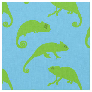 Cartoon Green Chameleons on Blue Fabric