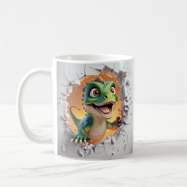 Cartoon Green Dinosaur Joyfully Breaking wall Coffee Mug (Left)