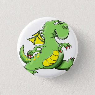 Cartoon green dragon walking on his back feet 3 cm round badge