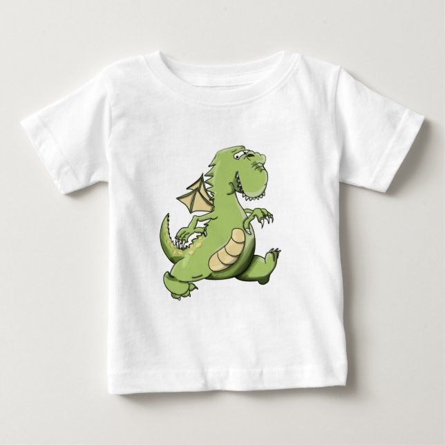 Cartoon green dragon walking on his back feet baby T-Shirt (Front)