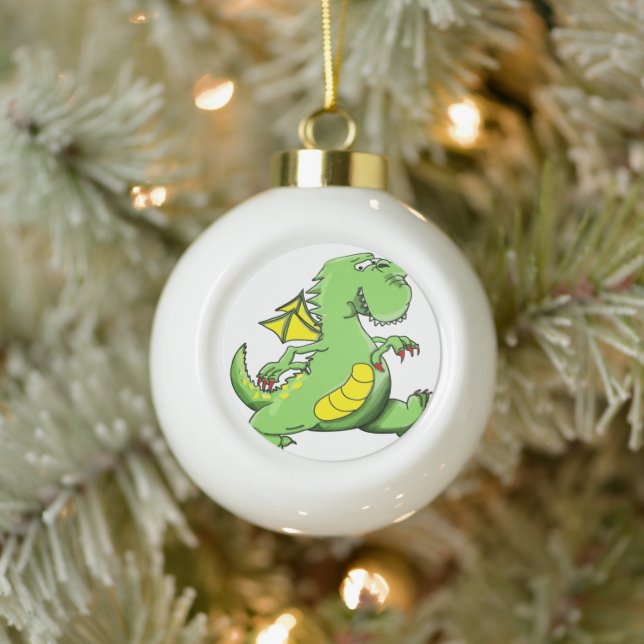 Cartoon green dragon walking on his back feet ceramic ball christmas ornament (Tree)