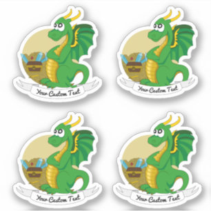 Cartoon green dragon with treasure and text