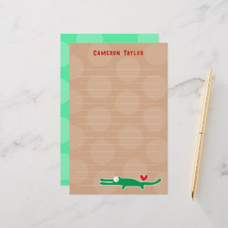 Cartoon Green Gator Kids Children Dots Thank You Stationery