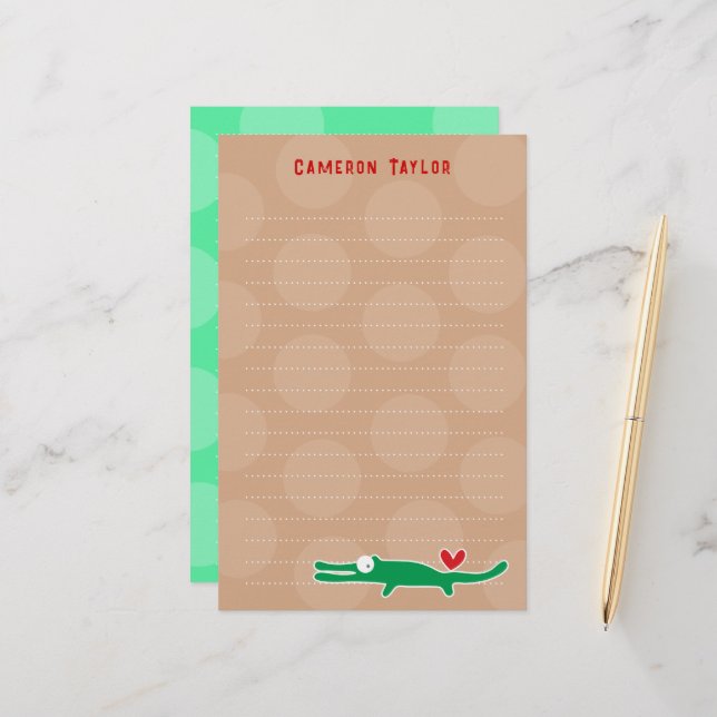 Cartoon Green Gator Kids Children Dots Thank You Stationery (Front/Back In Situ)
