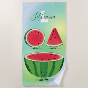 Cartoon Green Watermelon Smiling Fruit Cartoons Beach Towel