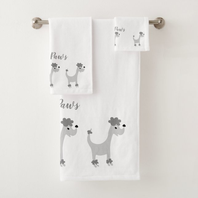 Cartoon grey poodle Posh Paws Bath Towel Set (Insitu)