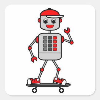 Cartoon Grey Robot Wearing Red Cap on Skateboard Square Sticker