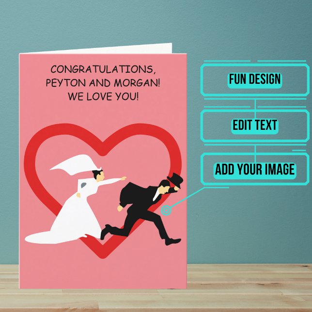 Cartoon Groom Escapes Wedding Day Congratulations Card (Send your love and congratulations with a modern and unique twist.)