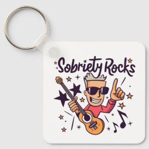 Cartoon Guitar Sobriety Rocks Custom Sober Date Key Ring
