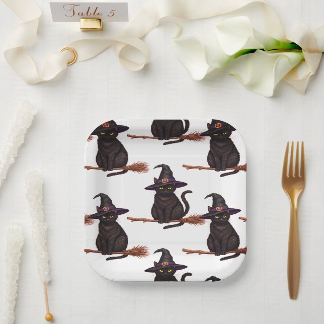 Cartoon Halloween Witches Cat Paper Plate (Wedding)