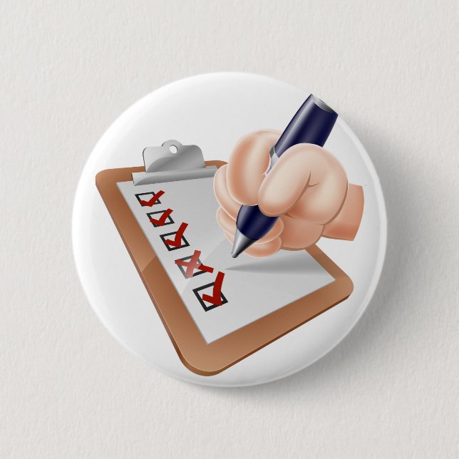 Cartoon hand completing survey 6 cm round badge (Front)