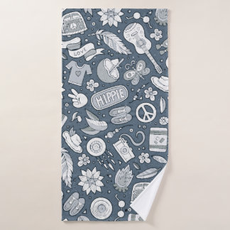 Cartoon hand drawn hippie doodles seamless pattern bath towel