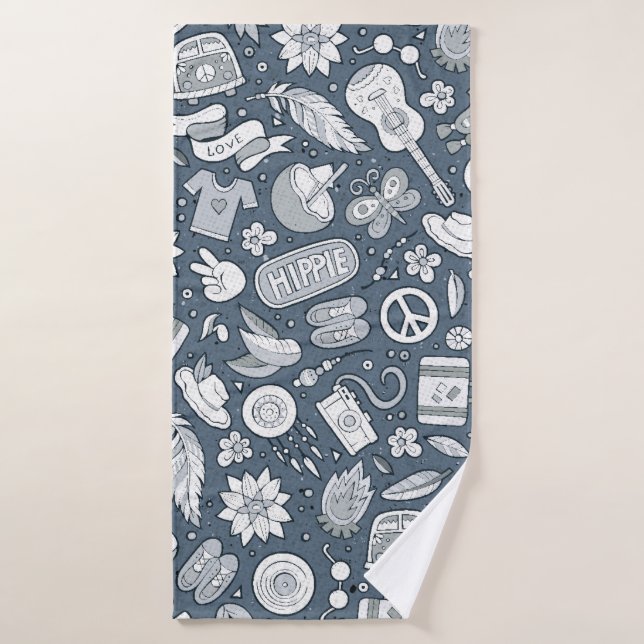 Cartoon hand drawn hippie doodles seamless pattern bath towel (Bath Towel)