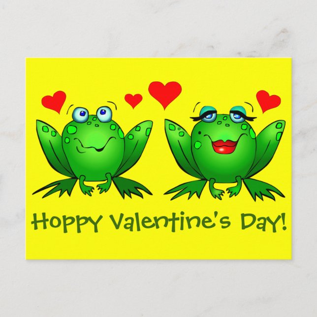 Cartoon Happy Frogs Hoppy Valentines Day Yellow Holiday Postcard (Front)