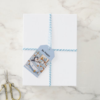 Cartoon Happy Penguin Taking a Bath | Personalise Gift Tags