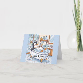 Cartoon Happy Penguin Taking a Bath | Personalise Thank You Card