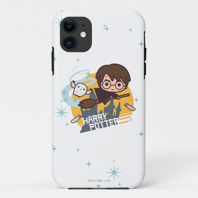 Cartoon Harry and Hedwig Flying Past Hogwarts Case-Mate iPhone Case (Back)