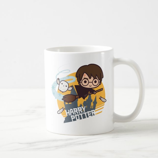 Cartoon Harry and Hedwig Flying Past Hogwarts Coffee Mug (Right)