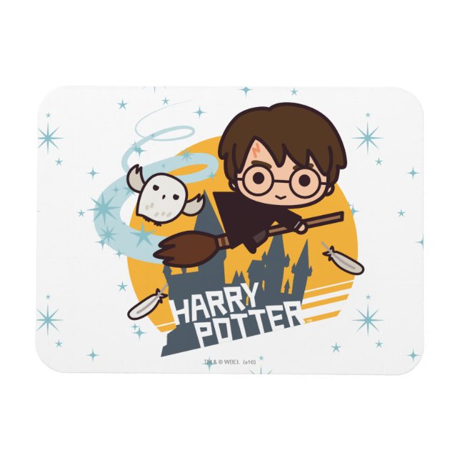Cartoon Harry and Hedwig Flying Past Hogwarts Magnet (Horizontal)