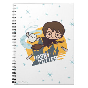 Cartoon Harry and Hedwig Flying Past Hogwarts Spiral Notebook