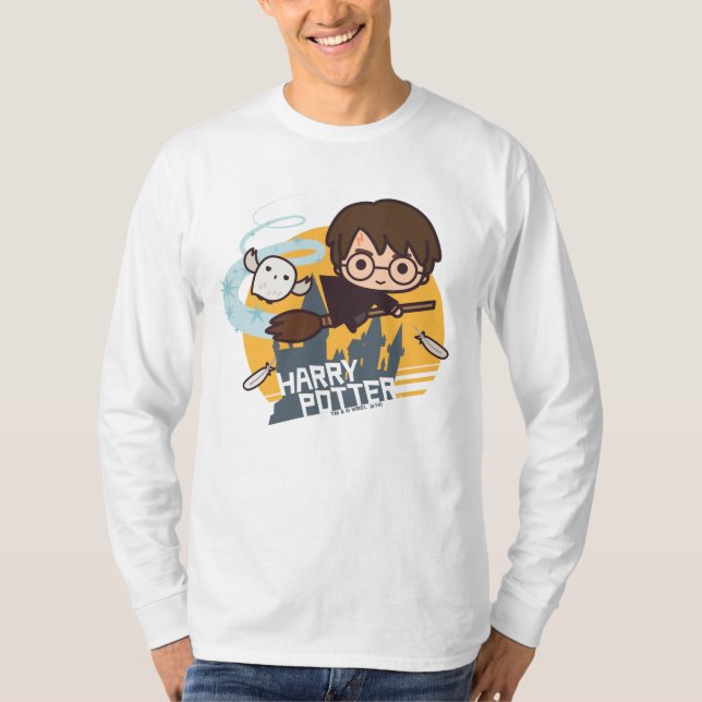 Cartoon Harry and Hedwig Flying Past Hogwarts T-Shirt (Front)