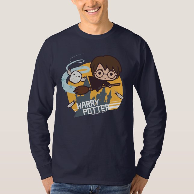 Cartoon Harry and Hedwig Flying Past Hogwarts T-Shirt (Front)