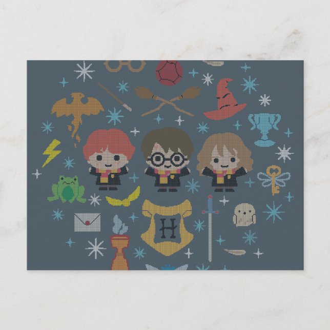 Cartoon Harry Potter Cross-Stitch Collage Holiday Postcard (Front)