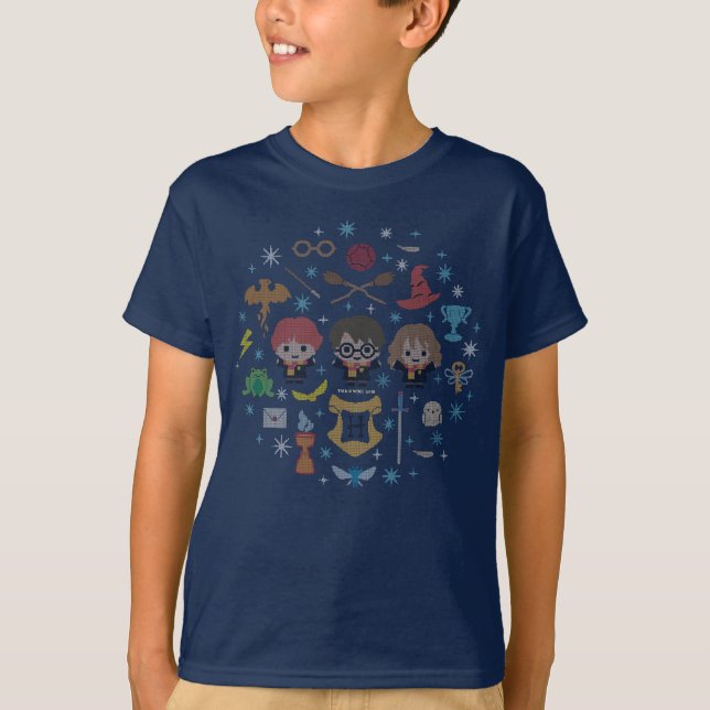 Cartoon Harry Potter Cross-Stitch Collage T-Shirt (Front)