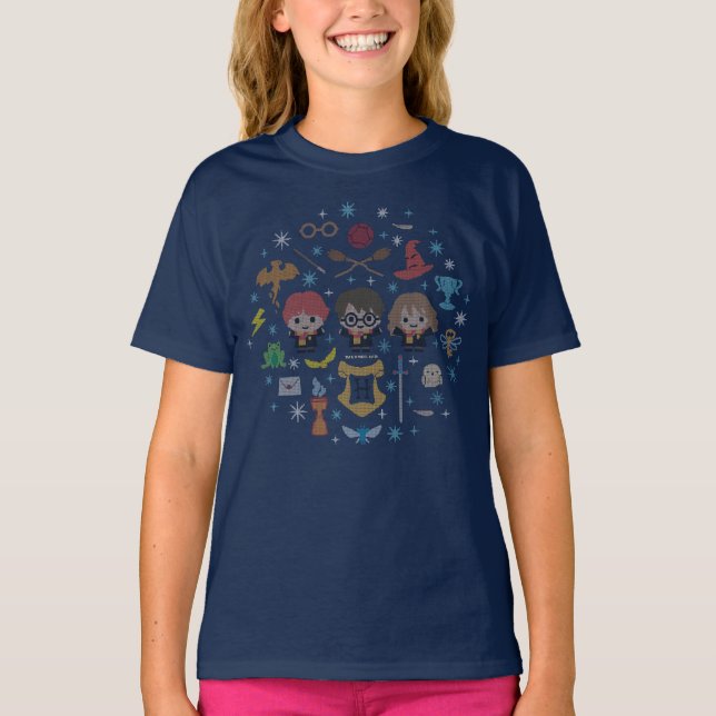 Cartoon Harry Potter Cross-Stitch Collage T-Shirt (Front)