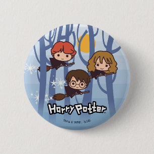 Cartoon Harry, Ron, & Hermione Flying In Woods 6 Cm Round Badge