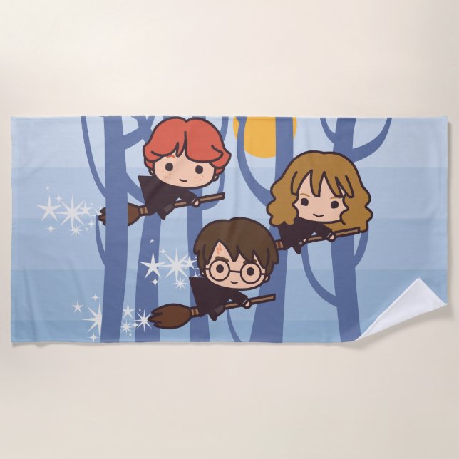 Cartoon Harry, Ron, & Hermione Flying In Woods Beach Towel (Front)