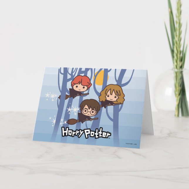 Cartoon Harry, Ron, & Hermione Flying In Woods Card (Front)